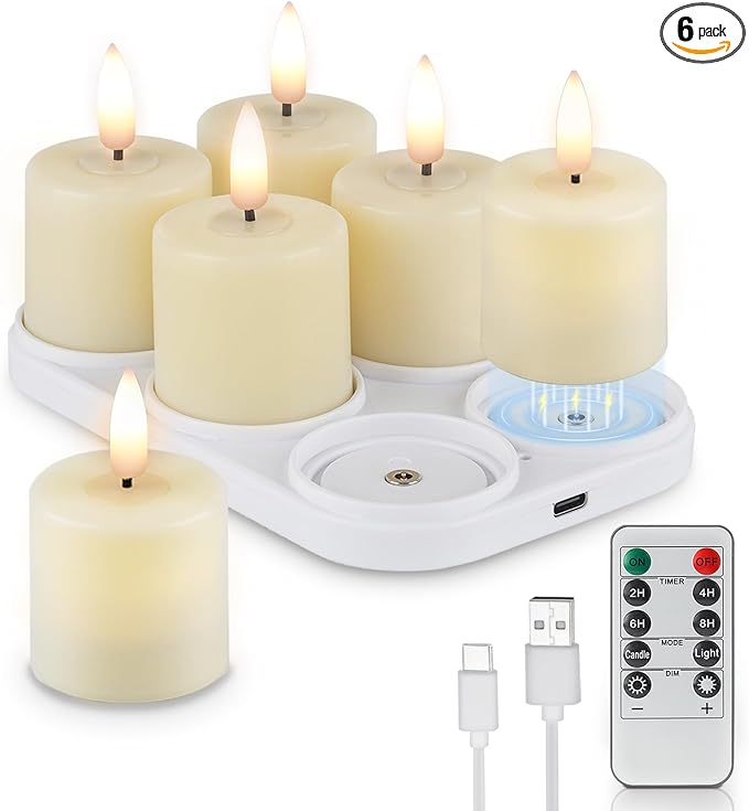 Rhytsing 6 Rechargeable Flameless Votive Candles with Timer for Home Decor, Led Faux Battery Operated Tealight Candles with Magnetic Charging Base, Type-C USB Cable, Remote Included-D1.6 X H2.7 inches