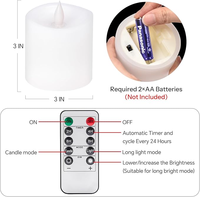 3x3 Flickering Flameless Candles, Real Wax LED Battery Operated Candles, 3 inch Flameless Candles with Remote, for Wedding Holiday Decorations,White