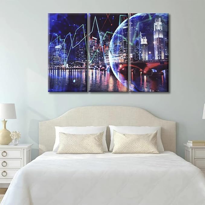TUMOVO Wall Art 3 PiecesFinancial Chart on City Scape with Tall Buildings Background Paintings Wall Decor for Bedroom Print on Canvas Stretched and Framed Ready to Hang (42" Wx28 H)