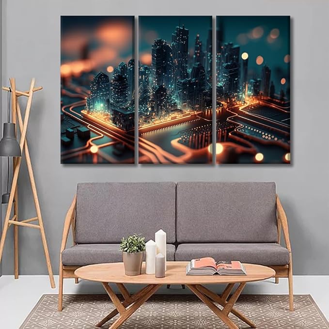 3 Panel Framed Wall Art Smart City on Circuit Board Futuristic Cyberspace Picture Poster for Bedroom Living Room Wall Decoratio,Gallery-Wrapped Ready to Hang 20x40inchx3