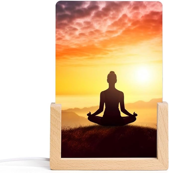 Night Light Acrylic Night Lights with USB Cables Yoga Meditation Acrylic Display Boards with Wooden Light Base Dimmable Night Lights for Home Bar Cafe Office 15.5x10.3cm