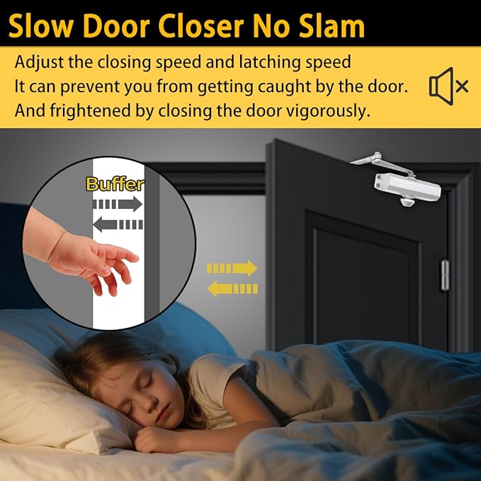 White Automatic Door Closer for Home with Hold Open, Hydraulic Soft Close Door Closers for Residential, Door Slow Closer No Slam, Adjustable Closing Speed, Spring Size 2, for Indoor and Exterior Door