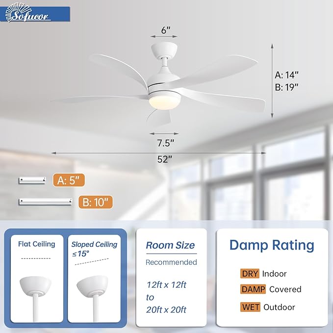 Sofucor 52 Inch Ceiling Fans with Lights and Remote, Outdoor Ceiling Fan with Light 6-Speed 3 CCT 3-Timer, White Low Profile Ceiling Fan 5 Blade Reversible DC Motor for Living Room Bedroom Patio