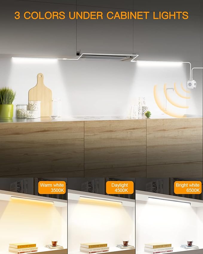 Daymeet Under Cabinet Lights Plug in, 12 Inch Ultra Thin Led Light bar, Motion Sensor Counter Closet Lamp, 3 Color Temperatures 3500K 4500K 6500K Shelf Lights for Kitchen, Workbench, Desk (2 Pack)