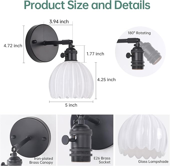 Vintage Battery Operated Wall Sconce with White Tulip Glass Lampshade Rechargeable Battery Powered Black Wall Light with Remote Control for Bedside Bedroom Doorway