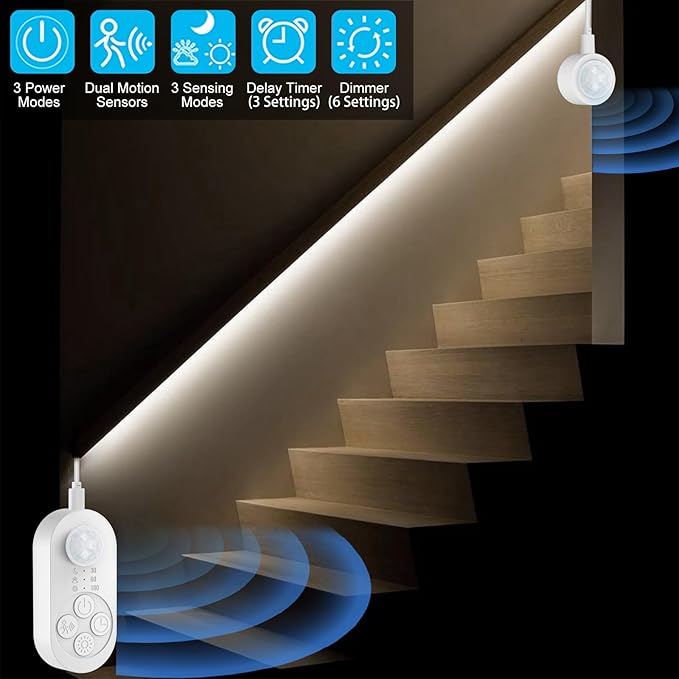 Dual Motion Sensor Light Indoor - Plug-in Motion Activated LED Step Stair Light Strip with Double Sensors, Dimmer and Timer for Stairway, Bedroom, Corridor (Cold White 6000K 16.4FT Strip)