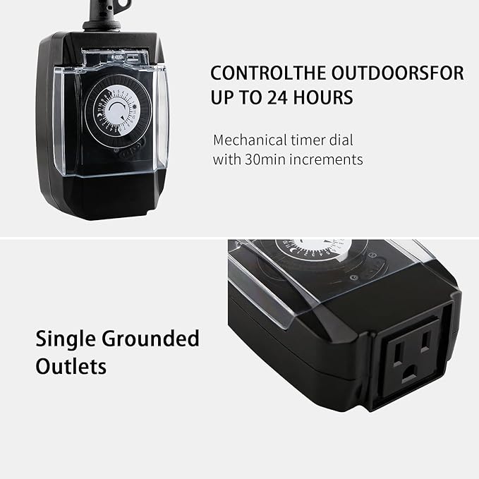 Outdoor Timer Outlet Waterproof, 24 Hour Mechanical Timer Outlet for Home and Garden, Single Grounded, 15A 3/4HP, Black, 1 Pack