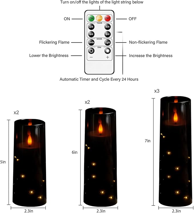 Flameless Candles with Embedded Star String, Battery Operated LED Pillar Candles with Timer and Remote Control,Home Decorating for Ambiance， Set of 7(Black)