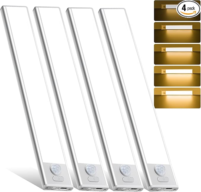 14inch Under Cabinet Lighting, 4 Pack Rechargeable Motion Sensor Light Indoor, Wireless Dimmable Magnetic Closet Lights, 58 LED Under Counter Lights for Kitchen, Wardrobe, Stairs, Warm Light