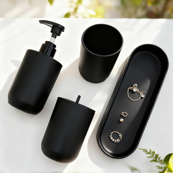 4-Piece Bathroom Accessories Set, Matte Black Plastic Countertop Organizer with Toothbrush Holder, Lotion Soap Dispenser, Qtip Holder & Vanity Tray – Modern Bathroom Decor for Home