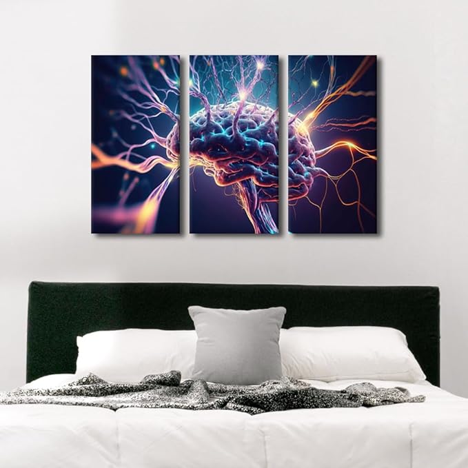 TUMOVO Future Technology Canvas Painting Wall Art 3 Pieces Brain Close-Up Wall Art Neurons Firing and Neural Extensions Wall Art for Home Office Wall Decoration, Framed Ready to Hang, 36" Wx24 H