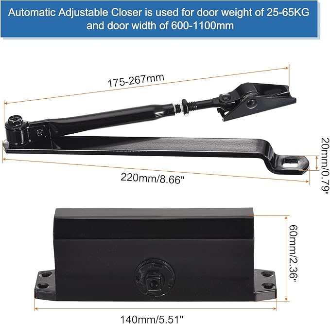 MECCANIXITY Door Closer Automatic Door Closer for 25-65kg Outdoor Internal Metal Wooden Doors,180D Spring Hydraulic Auto Door-Closer Automatic Adjustable Closer(Black,Aluminum)