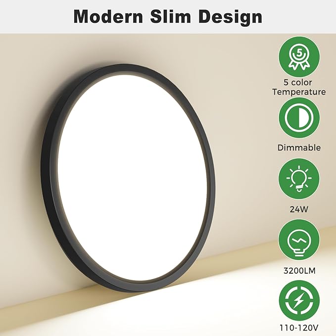 zemty 2Pack LED Flush Mount Ceiling Light, 12Inch 24W Dimmable Ceiling Lights Fixture, 5 Color Temperatures (3000K-6500K) Black Round Ceiling Lamp for Bedroom, Kitchen, Hallway,Bathroom