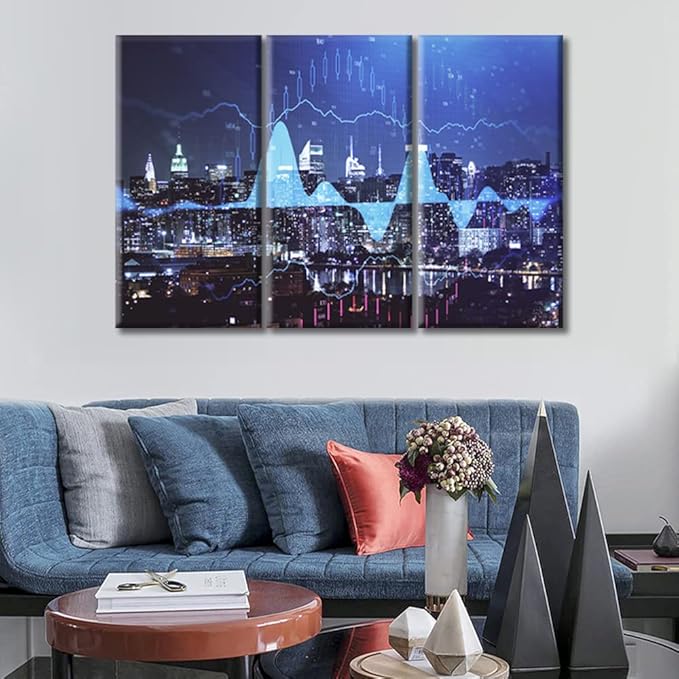 TUMOVO Black and White Wall Art Forex Chart Drawings Over Cityscape 3 Panels Cityscape at Night Background Wall Decor for Bedroom Framed Ready to Hang (36" Wx24 H)