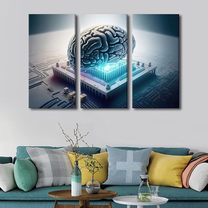 3 Panel Wall Art Brains and Computer Chips Poster on Canvas Framed Wall Art Future Technology Wall Decoration for Living Room Bedroom, Stretched Framed Ready to Hang, 60" Wx40 H