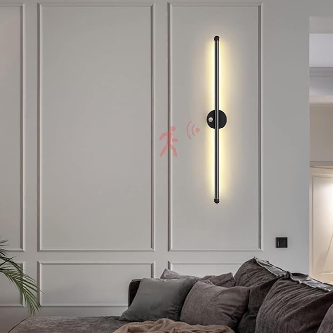 LED Long Strip Wall Lights with Motion Sensor Lamp 3000K/4000K/6000K Lighting Modern Simple Aluminum Mounted Indoor Bedside Decoration Light Living Room(Black Warm Light,100cm)