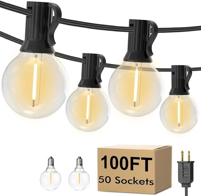 100FT Outdoor LED String Lights with 50+2 Shatterproof G40 Vintage Bulbs,Shatterproof &Waterproof Patio Lights for Porch, Deck, Garden, Backyard, Balcony - 2700K Warm White
