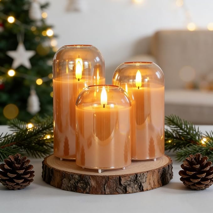 3Pcs LED Candle Set Rechargeable with Remote Control,Clear Glass Flameless Candles,Candle Lights for Home Decor, Bedroom, Bathroom Accessories，Pumpkin Fake Candles for Halloween
