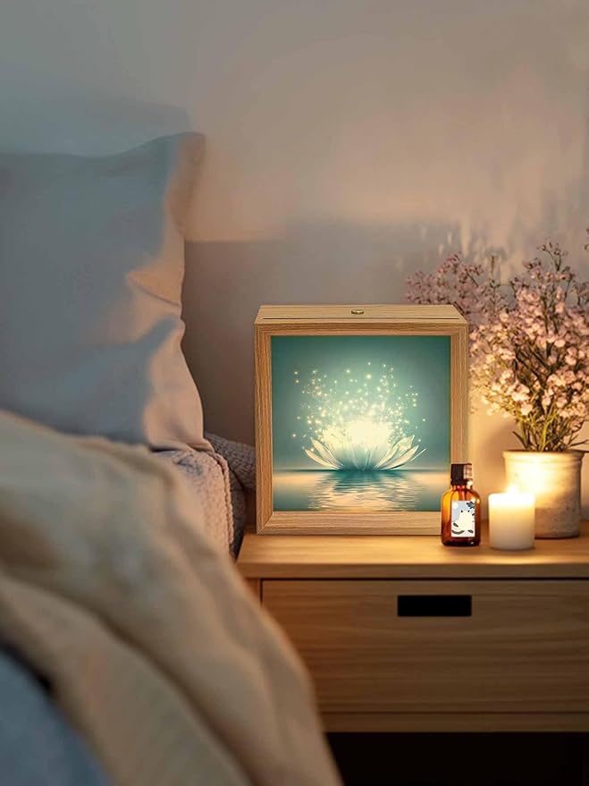 Wood Night Light Box 4.5x4.5in,Meditation Lotus Flower Table Lights Wooden Picture Frame with USB Rechargeable Touch LED Lights for Home Decor Desktop Display,Asian Zen Spiritual