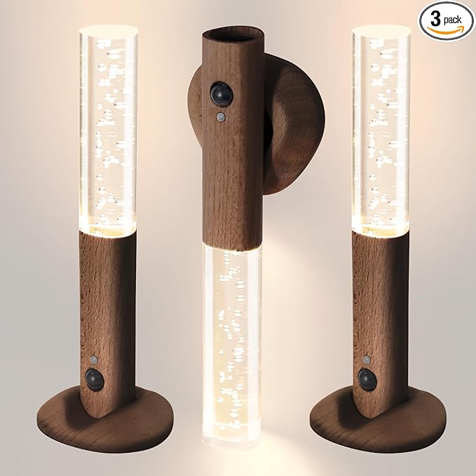 Motion Sensor Night Lights Indoor, Rechargeable Night Lights Wall Sconces Wooden Set of 3, Battery Powered Magnetic Wall Sconces Decor for Bedroom, Hallway, Bathroom, Stairway, Closet（Walnut Wood）