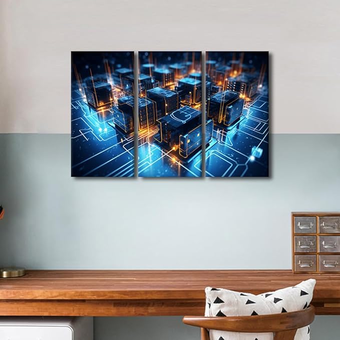 3 Panel Framed Wall Art Digital Network Picture Prints on Canvas Wall Decor for Living Room Bedroom Wall Decoration, Concepts Artwork Wooden Framed Ready to Hang, 36" Wx24 H