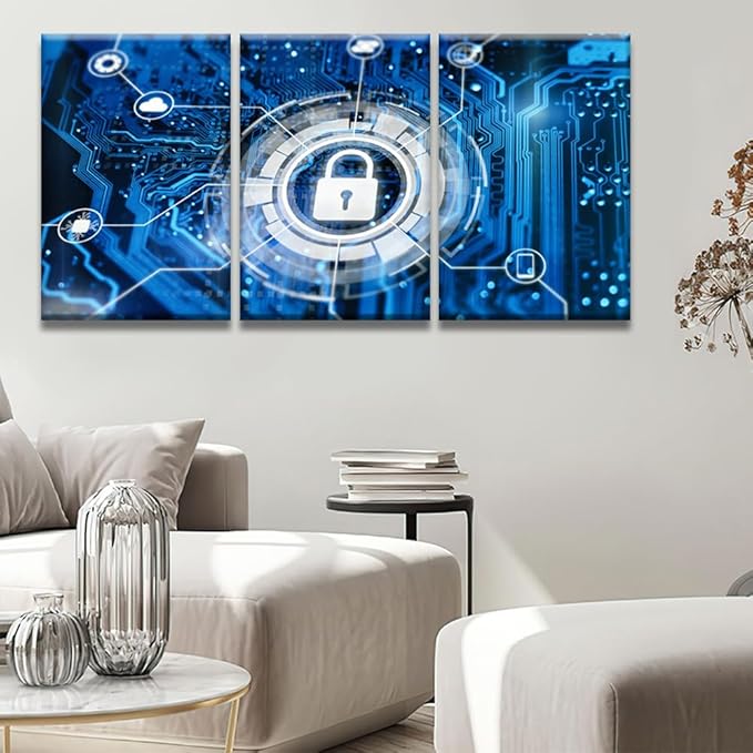 3 Panel Modern Wall Art Contemporary Posters and Prints, Cybersecurity and Secure Nerwork Artwork Modern Home Wall Decorations, Wooden Framed Gallery-Wrapped Ready to Hang, 16x24inchx3