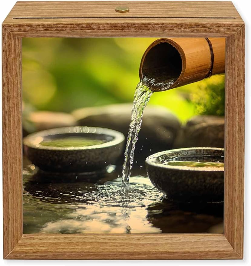 Wood Night Light Box 4.5x4.5in,Zen Meditation Lake Water Table Lights Wooden Picture Frame with USB Rechargeable Touch LED Lights for Home Decor Desktop Display,Natural Landscape