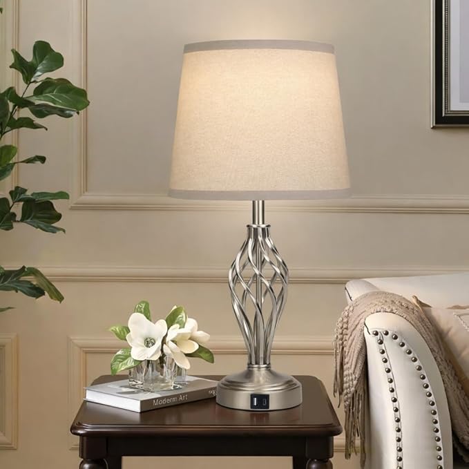 Touch Table Lamps Set of 2, nightstand lamp with USB Ports Bedside 3 Way Touch dimmer Desk lamp for Living Room Bedroom,Nickel Plated Spiral cage Base Design Warm White dimmer Bulbs Included