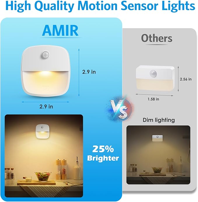 AMIR Motion Sensor Light Indoor, Upgraded Battery-Powered LED Night Light with PIR Technology for Bathroom, Kitchen, Stairs, Under Cabinet, Closet, Stick on Anywhere Hallway Lamp (Warm White, 6-Pack)