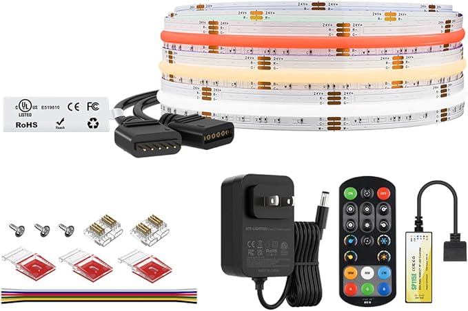 BTF-LIGHTING FCOB COB RGBCCT Color Changing LED Strip with Remote,UL Listed Flexible High Density DC24V 9.8FT RGB+Tunable White 3000K-6000K RF Remote Controller 12mm Width 3M Tape for Home Decor