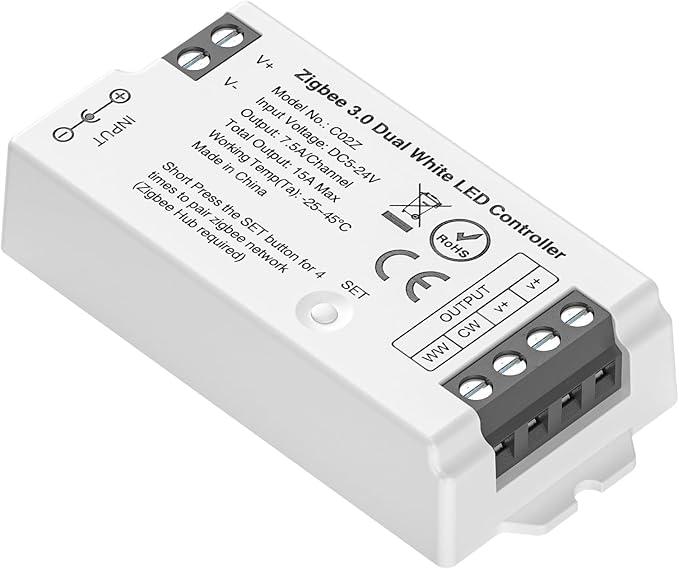 BTF-LIGHTING Tuya Zigbee 3.0 C02Z Controller Support CCT Color 3 pin (+V CW WW) PWM LED Strip Bulb Compatible with Echo Plus/4th Gen Tuya Gateway DC5V/DC12V/DC24V Max 15A