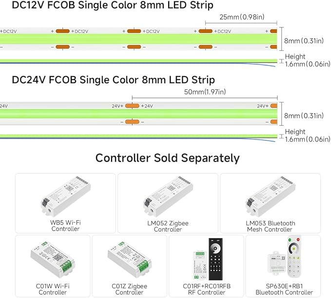 BTF-LIGHTING FCOB COB LED Strip Ice Blue Color 480LED/m 16.4FT DC24V Flexible High Density Uniform Light 8mm Width Bright Dimmable for Home Indoor Decor(No Adapter or Controller)