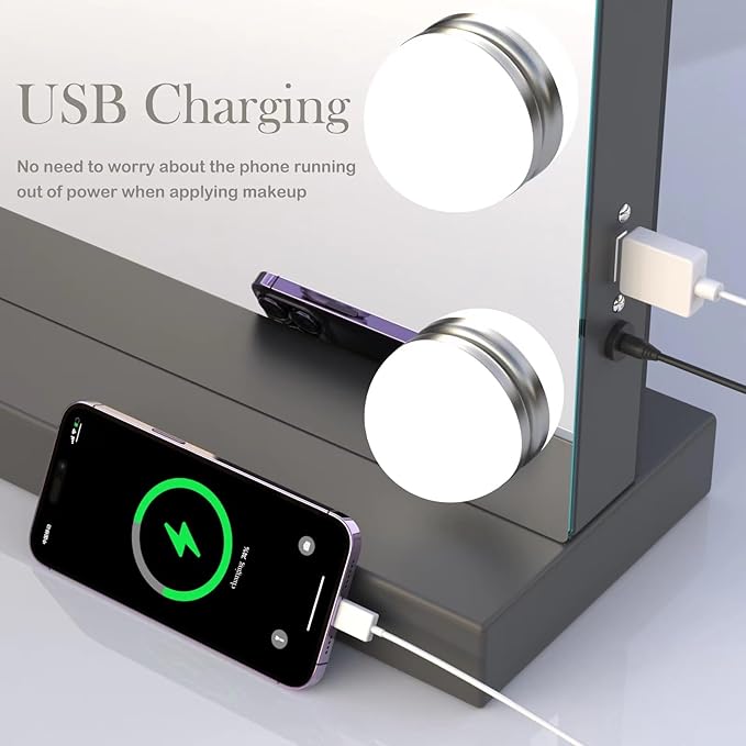 Vanity Mirror with Lights, 15 Dimmable LED Bulbs Large Hollyhood Makeup Mirror, Light up Mirror with 10X Magnification and USB Charging Port, Smart Touch 3 Colors, Metal Frame