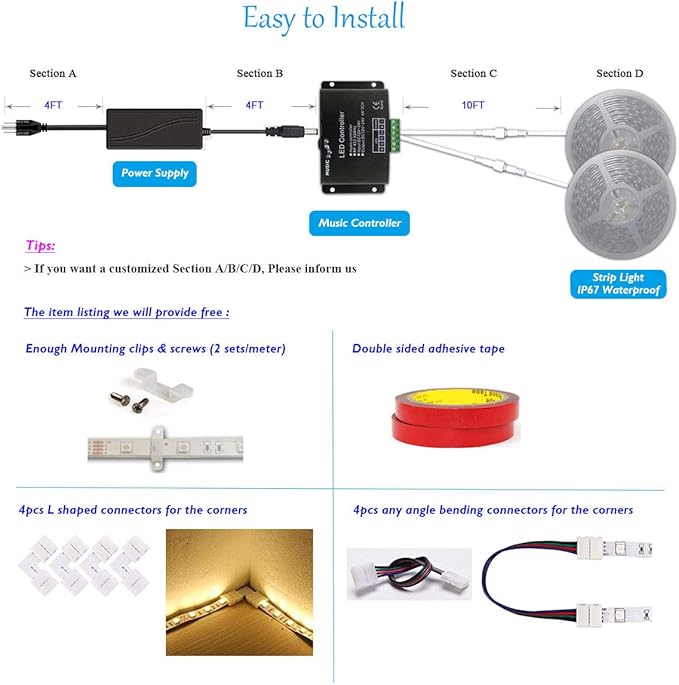 10FT 20FT 50FT 100FT 120FT 150FT 160FT 180FT 200FT 12V 60LEDs/M IP65 Waterproof RGB SMD 5050 LED Strip Light Flexible w/Music Sensed Controller & Power Supply (160)