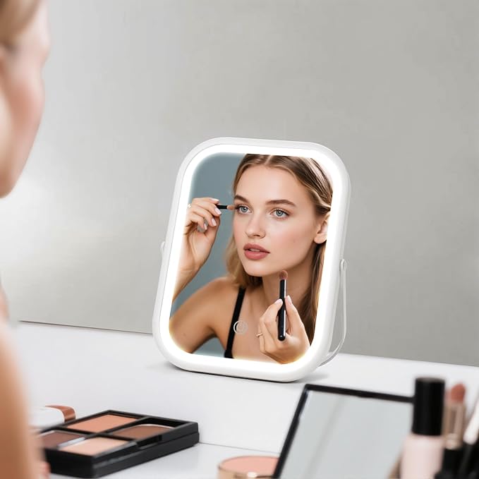 Vanity Mirror with Lights, 8"×6" LED Makeup Mirror Built-in 1500mAH Lithium Battery, Smart Touch with 3-Color Lighting, Dimmable, Lighted Up for Makeup Desk, Travel (White)