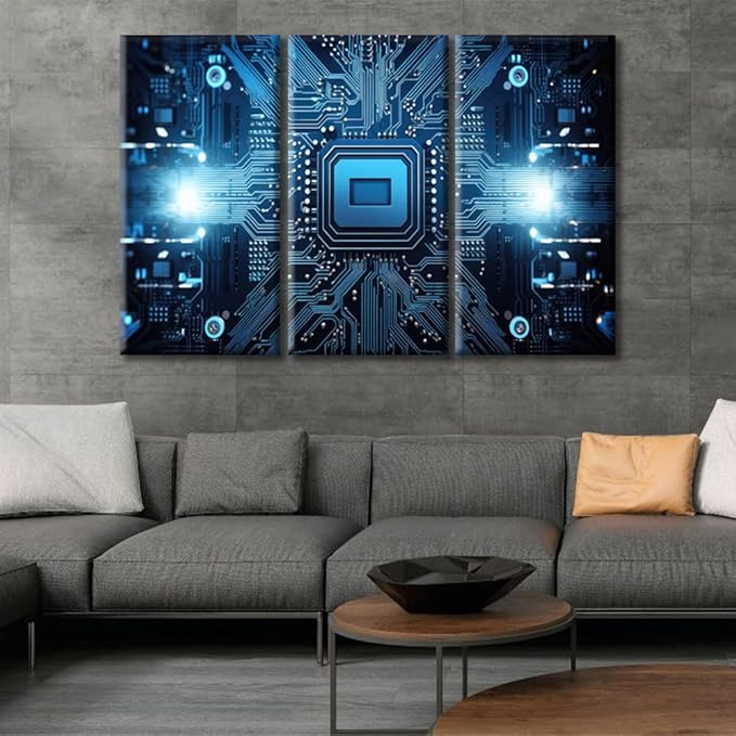 Art 3D Technology Motherboard Canvas Wall Art Microchip 3 Panels Modern CPU Artwork Prints Quantum Computer Pictures Canvas Wall Decor for Home & Office Decorations Framed Ready to Hang 60"Wx40"H