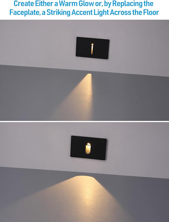 LEONLITE 5CCT 120V LED Step Light, Dimmable Pin Hole Stair Lights Indoor, Anti-Glare 30° Streamlined Lighting Effect for Staircase Bedroom, CRI90, 5 Color Temperature, ETL, Black, Horizontal, 6 Pack