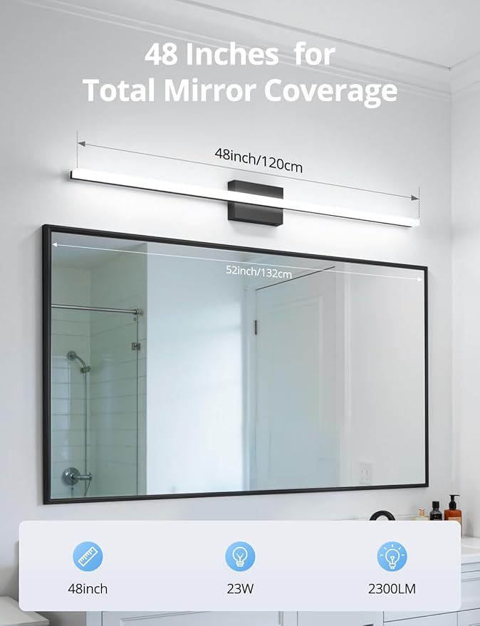 Combuh 48Inch Bathroom Vanity Light Fixtures Extra Long Lighting Bar Above Mirror, Modern Black Bright 23W 2300LM Wider Coverage Slim Sleek IP44 Rustproof LED Bath Wall Sconce for Makeup Cool White