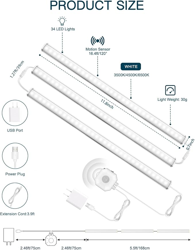 Daymeet Motion Sensor Dimmable 12 Inch Ultra Thin Under Cabinet Lighting, Under Cabinet Lights Plug in, Super Bright LED Lights Bar Under Counter Lights Indoor for Kitchen, Shelf, Closet (3 Pack)