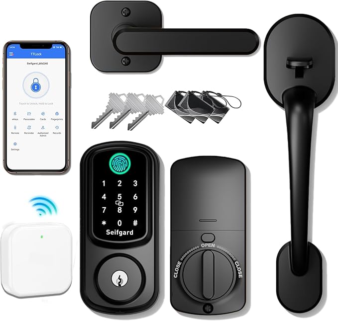 Keyless Entry Door Lock Deadbolt with Handle Set, Smart Door Lock with WiFi Gateway, Auto Lock Compatible with Alexa, Black