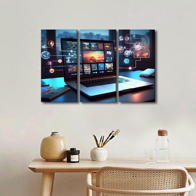 3 Panels Canvas Print Art Digital Collaboration Tools Pictures Poster for Living Room Wall Decoration, Concepts Artwork Stretched Framed Gallery-Wrapped Ready to Hang, 36" Wx24 H