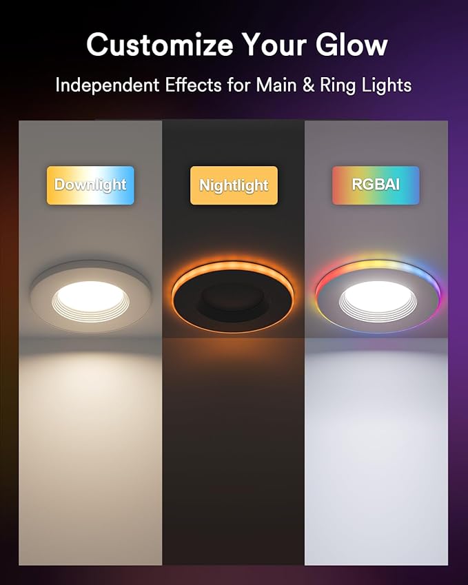 Grace Smart Recessed Lighting 6 Inch, RGBCW LED Can Lights with Night Light, Retrofit Downlight Works with Alexa/Google, 2700K-6500K Dimmable Color Changing Ceiling Light for Bedroom Living Room,4pack