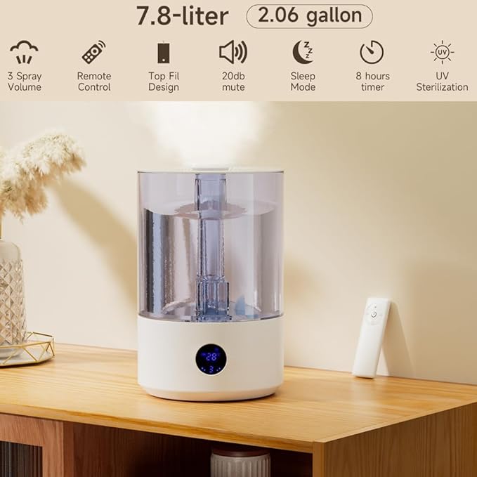 Large Room Humidifier for Bedroom Home 7.8L, Covering 600 ft², Top Fill Cool Mist Ultrasonic Air Humidifier with Essential Oil Diffuser, Whisper Quiet, Dual Mist, 44H Runtime & Timer Function