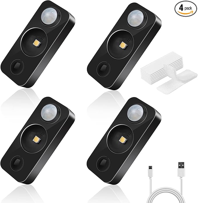 LED Motion Sensor Puck Lights, Rechargeable Cabinet Lights, Stick on Wireless LED Night Light for Closet, Drawer, Shelf, Under Cabinet, Warm White 4Pack, USB Charging Cord Included