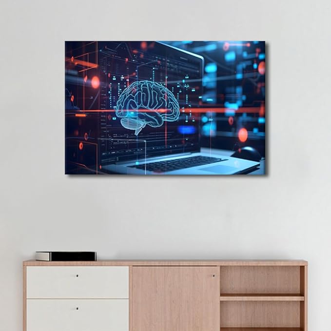TUMOVO Artificial Intelligence Concept with Human Brain Wall Art for Bedroom Large Living Room Wall Decor Digital Brain on Modern Computer Background Poster Framed Ready to Hang 24" Wx36 Hx1 Panel