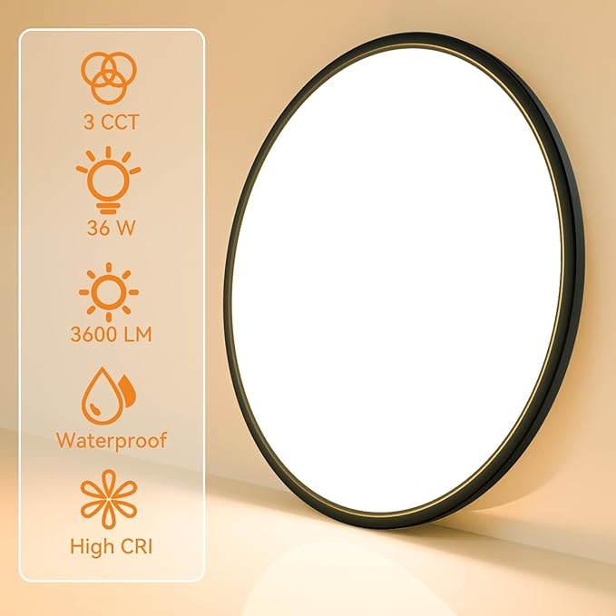 slochi 1PACK LED Flush Mount Ceiling Light Fixture, 3000K-4500K-6000K & 150W Equivalent Modern Kitchen Ceiling Lamp 36W 3600Lm 16 Inch Closet Round Surface for Bathroom Laundry Bedroom Hallway, Black
