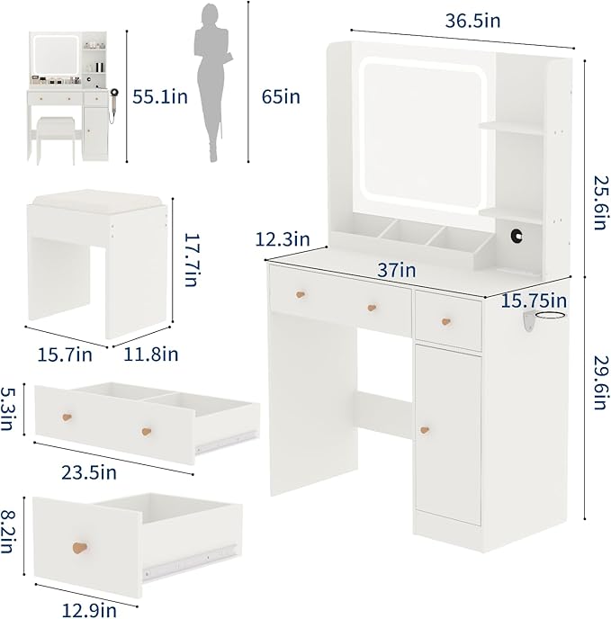 Vanity Desk with Mirror and Lights,Power Outlet,Makeup Vanity Table Set with Storage Drawers Shelves Cabinet& Chair,3 Lighting Modes & Adjustable Brightness,Dressing Table for Bedroom