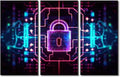 TUMOVO Modern Wall Art for Living Room 3 Panel Padlock on Technological Circuit Background with Neon Lights, Cyber Security Concept Pictures Print on Canvas for Living Room Decoration, 42" Wx28 H
