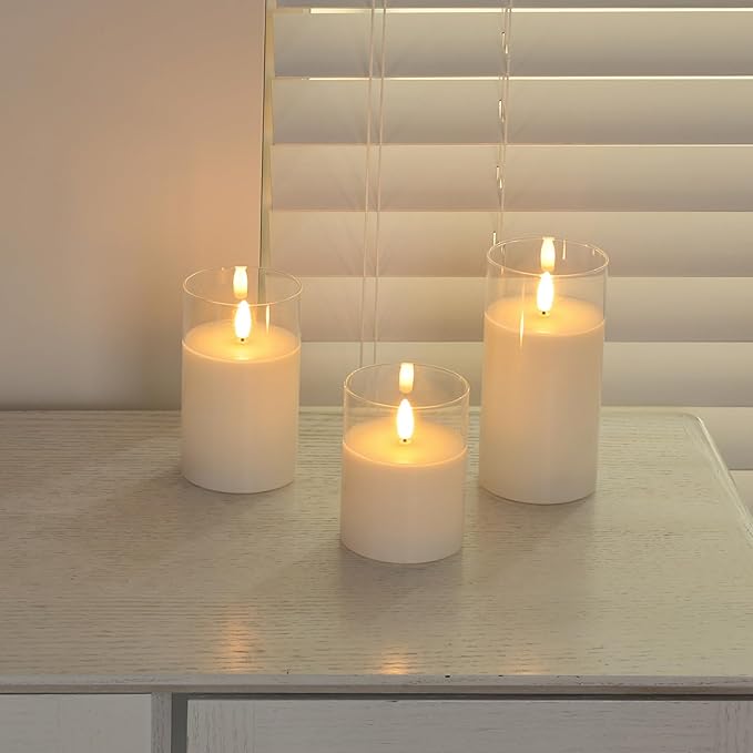 Pure White Glass Flameless Candles with Remote - Battery Operated Candles with Timer, LED Flickering Real Wax Candles for Festival Wedding Home Party Decoration, Clear, Set of 3