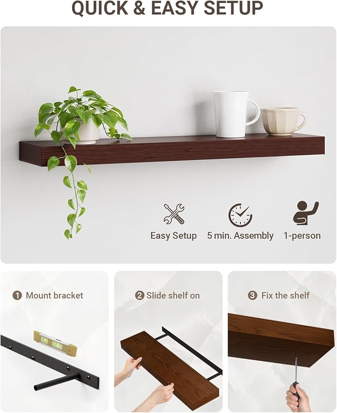 Walnut Floating Shelves for Wall Mounted, 2 Inch Thick Wooden Floating Shelves, 8 Inch Deep Shelves Over Toilet, 36"x8" Wall Shelves for Kitchen Living Room Bathroom, 50LBS Capacity, Set of 2